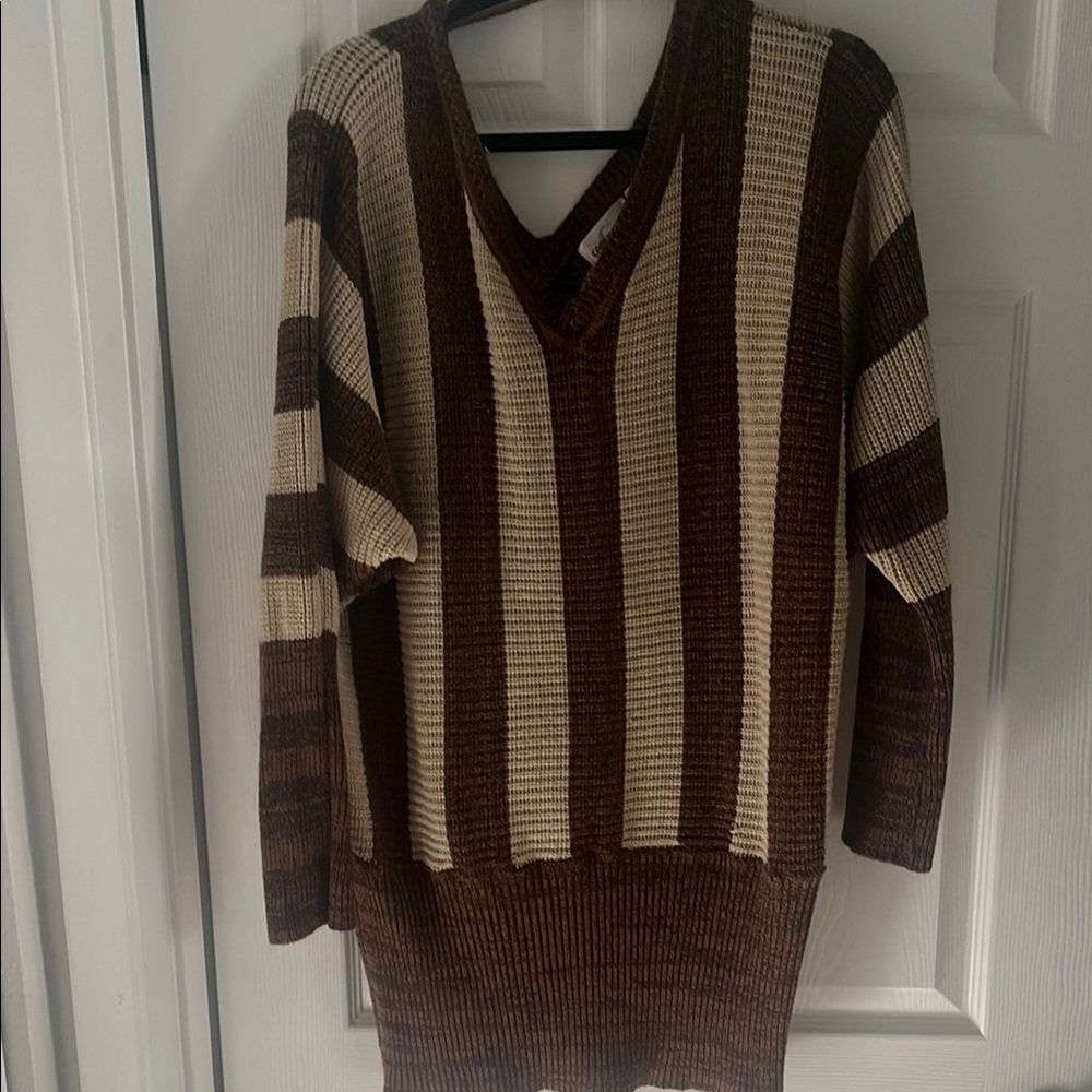Striped V-Neck Sweater in Brown and Cream